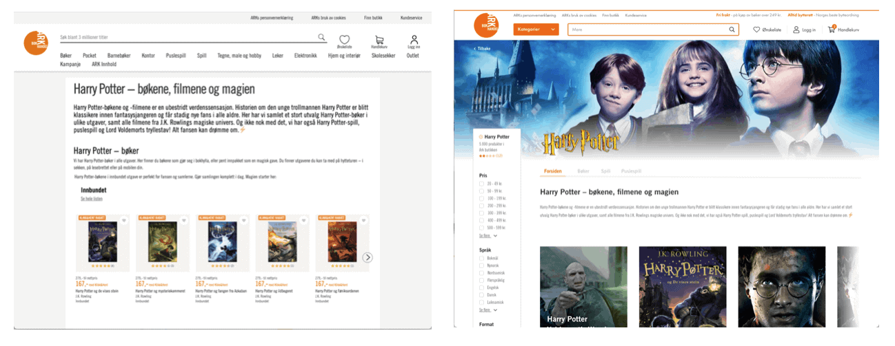 Before and after design for brand pages on Ark.no