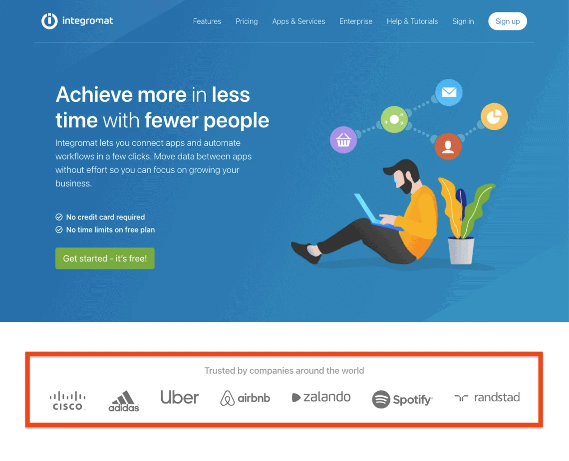Integromat does an admirable job of building confidence with them by displaying the logos of their partners on the homepage. This gives the user a wonderful feeling of trust and will have a direct impact on  conversion rate.