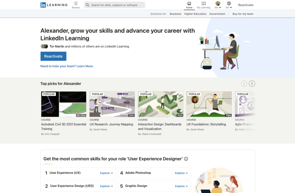 Lynda.com offers a whole catalog of online courses that can help you advance in many fields, like UX design and computer science.